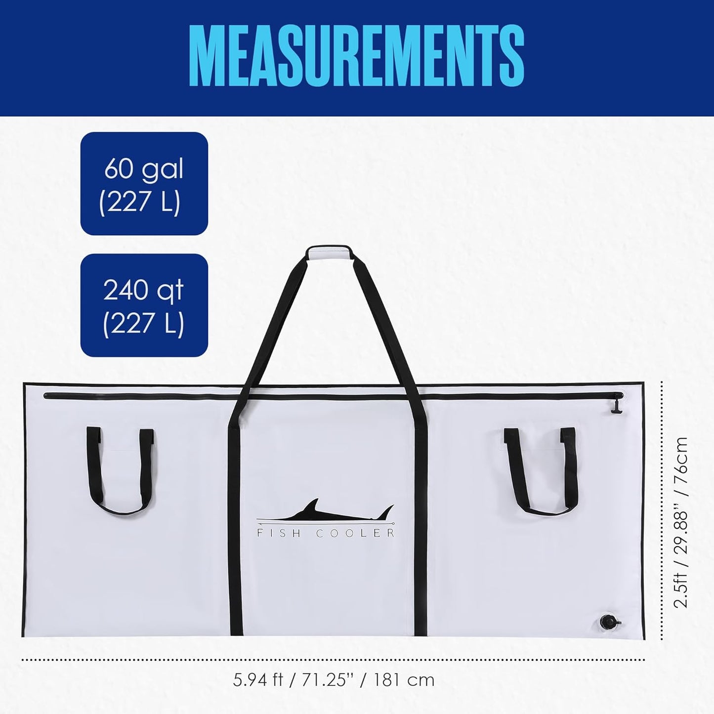 Fish Bag, Insulated Fishing Cooler, Leakproof Kill Bags, 71.3"x30", 240QT, White, Waterproof Collapsible Ice Chest, for Catfish, Salmon,