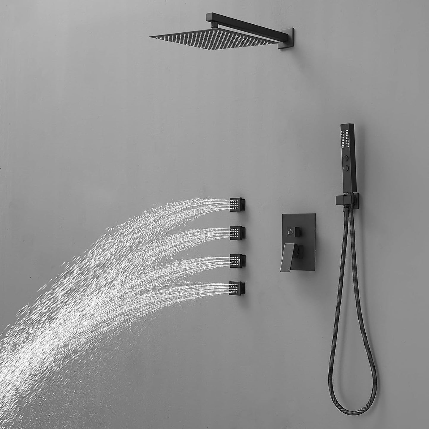 BESy Shower System with 12 Inch Rain Shower Head and 4 Full Body Spray Jets, High Pressure Rainfall Shower Faucet Fixture Combo Set with 4 in 1
