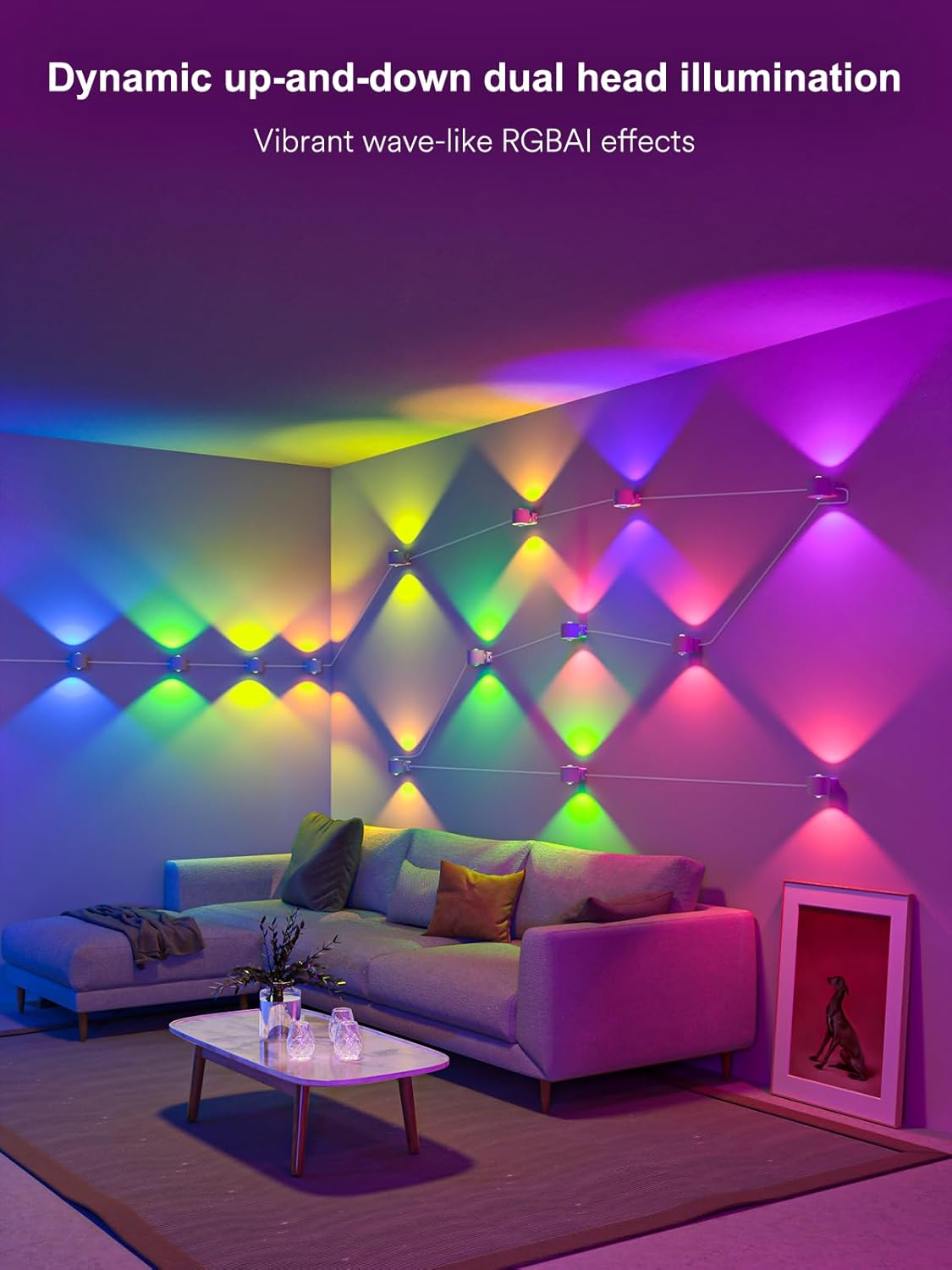 ANGELHALO Smart Wall Sconces, Music Sync Indoor Double-Headed Wall Lights, Works with Alexa, Multicolor LED Wall Light for Home Decor, Dynamic Scenes