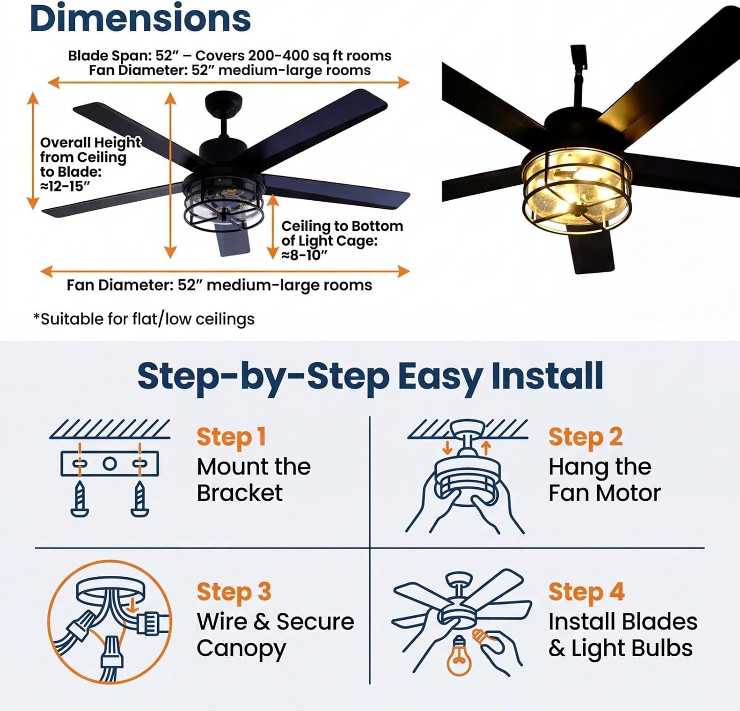 52" Plug-in Ceiling Fan with Light, Matte Black Modern Industrial Caged Glass Fan for Living Room, Bedroom, Farmhouse Decor, 4-Light E12 Base, Remote/App Control, Reversible DC Motor