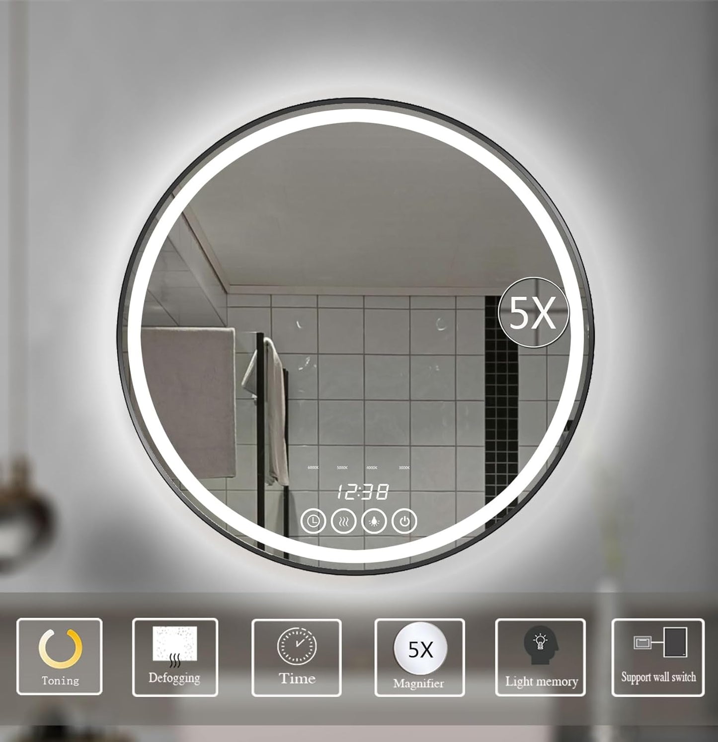 26 Inch Wall-Mounted Round Bathroom Mirror with LED-Lights - Frame Vanity Mirrors (26' x 26', Black)
(26'L x 26'W)