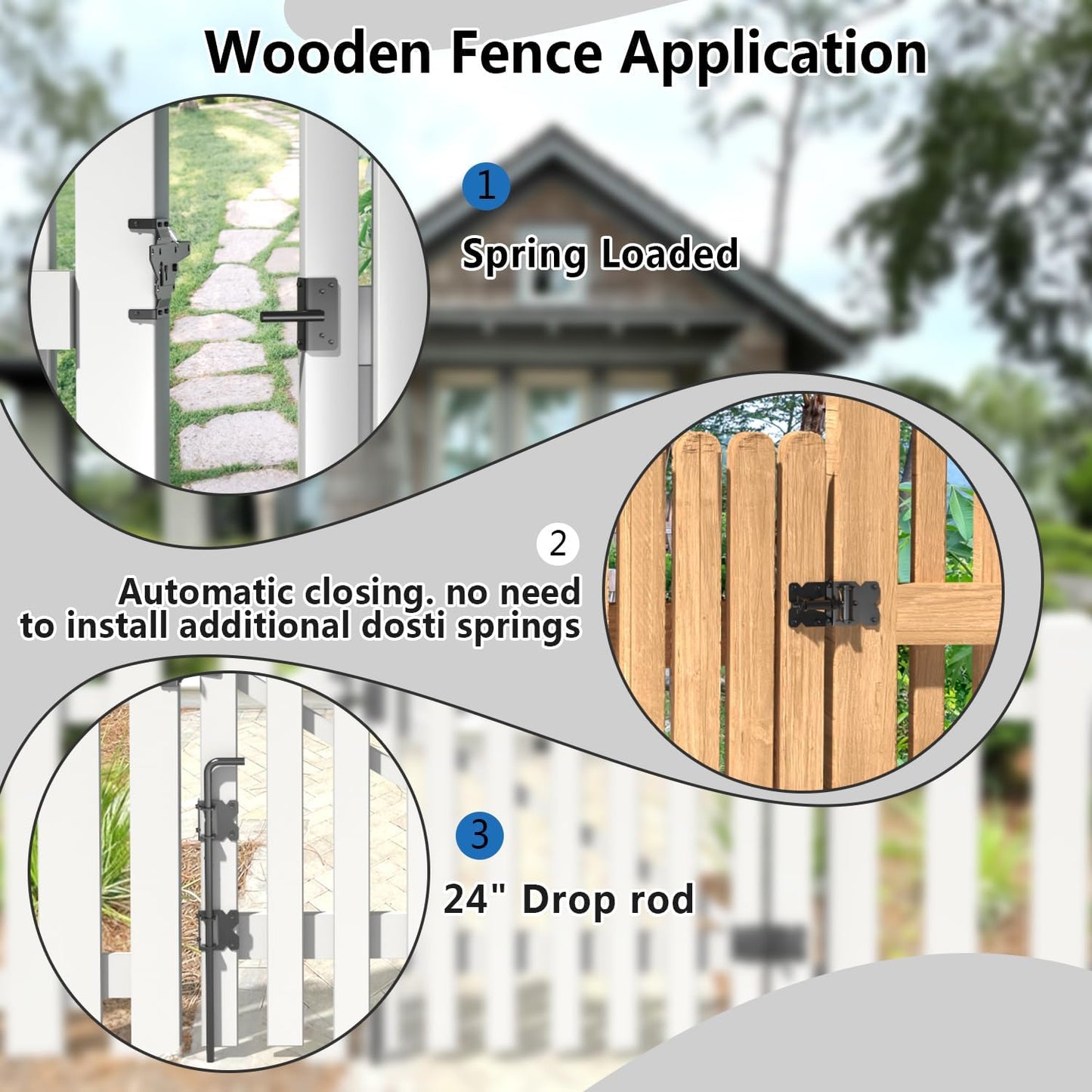 SANKEYTEW Self Closing Fence Gate Hinges, Latch, 24.01" Drop Rod - Easy to Install, Black Plastic Spraying - Extra-Thick Rod for Wood, Vinyl,