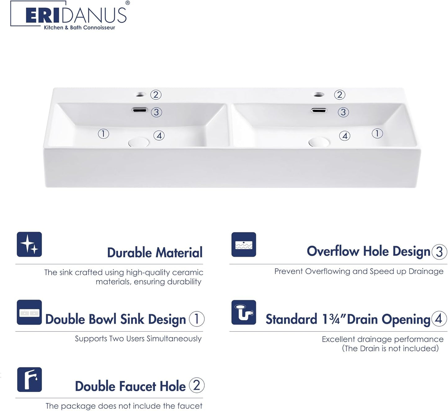 Eridanus 48" x 16.5" Bathroom Sinks, Trough Sink Bathroom with Double-Bowl & Chrome Overflow, Wall Mou