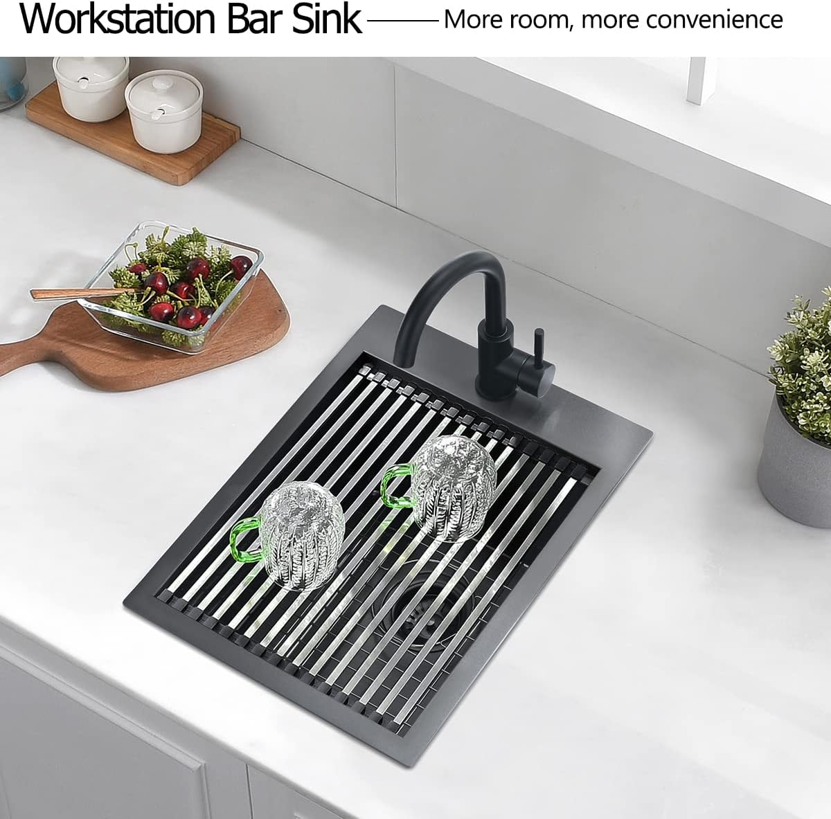 15 Black Kitchen Bar Sink, Luckyhorse 15 x 20 x 10 Gunmetal Black Stainless Steel Drop In Workstation Nano Black Kitchen Sink Outdoor Sink LH022S1520B