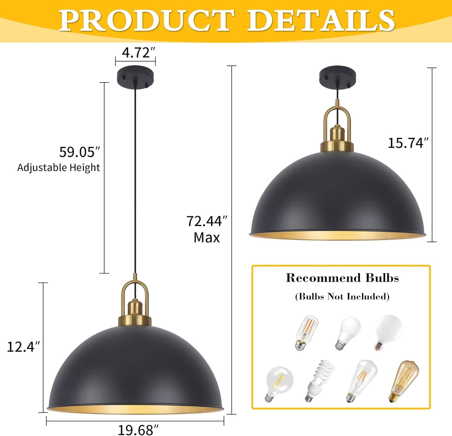 Matte Black Dome Pendant Light 19.68' Large Farmhouse Chandelier Adjustable Metal Hanging Lighting Fixture for Kitchen Island Bedroom Dining Room and