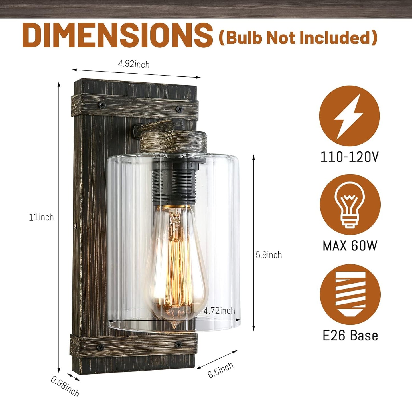Wall Sconces,Farmhouse Bathroom Light fixtures,Wood Sconces Wall Lighting with Striped Glass,E26 Base Plug in Wall Sconces,Indoor Wall Light