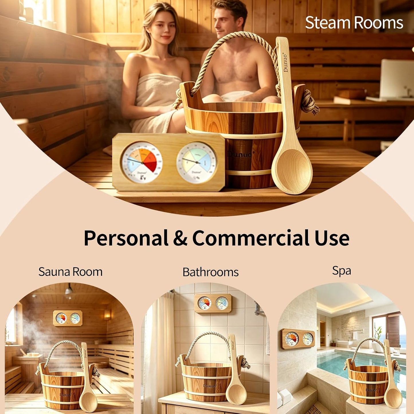 Canadian Red Cedar 3PCS Sauna Accessory Kit, Bucket & Ladle with 2-in-1 Thermometer Hygrometer, 1 Gallon (4L), Dual Scale for Home Sauna