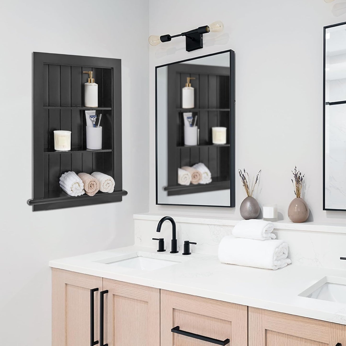 Recessed Medicine Cabinet, Wall Niche, In Shelves, Shelf Insert, 14"W x 24"H ID, 17"W x 27"H OD, 3 Tier, Black, Wood, Shallow Drywall