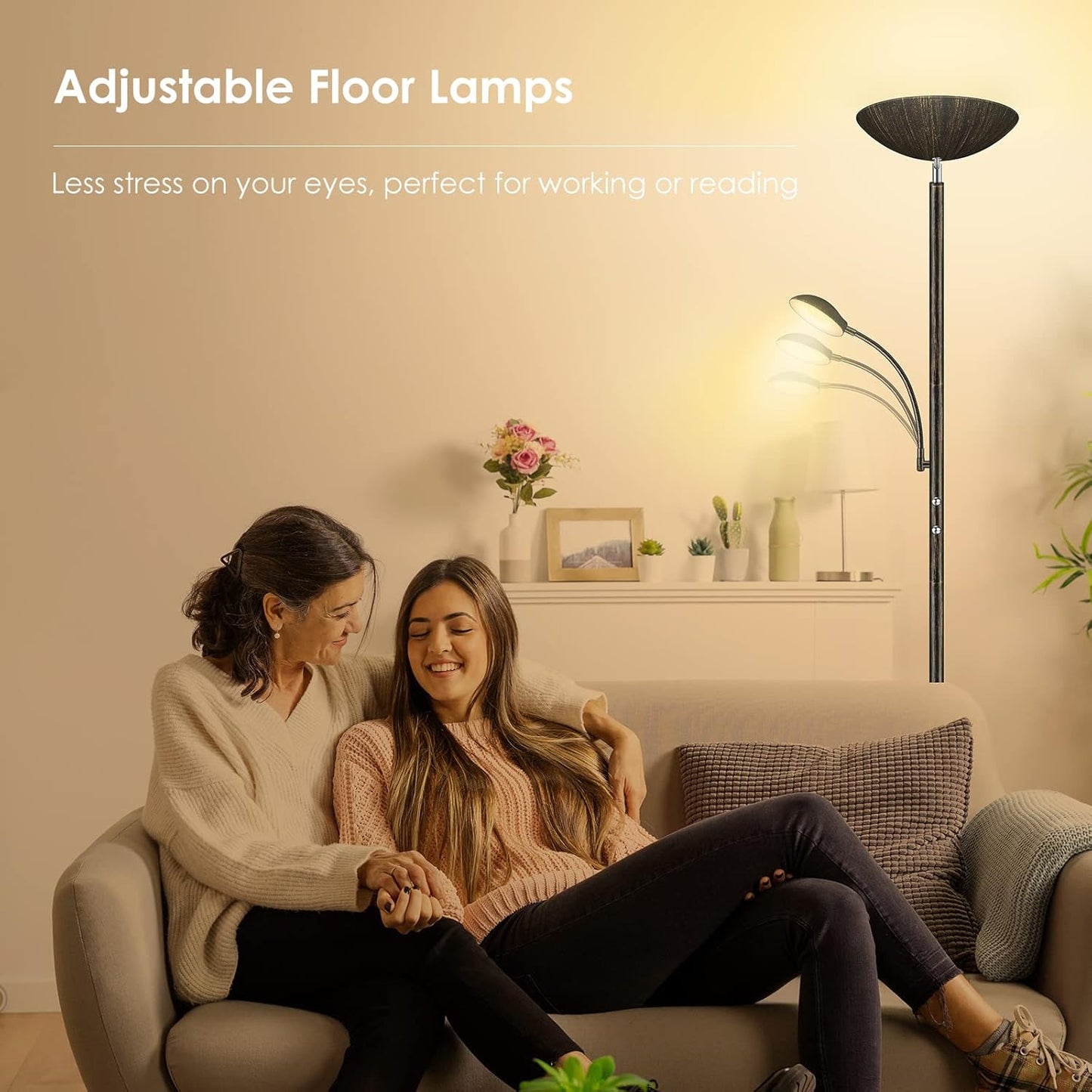 Floor Lamp, LED 20W/2000LM Bright Torchiere Floor Lamp with 5W Adjustable Reading Lamp, Stepless Dimmable Standing Lamp, 2 Rotary Switch, Modern