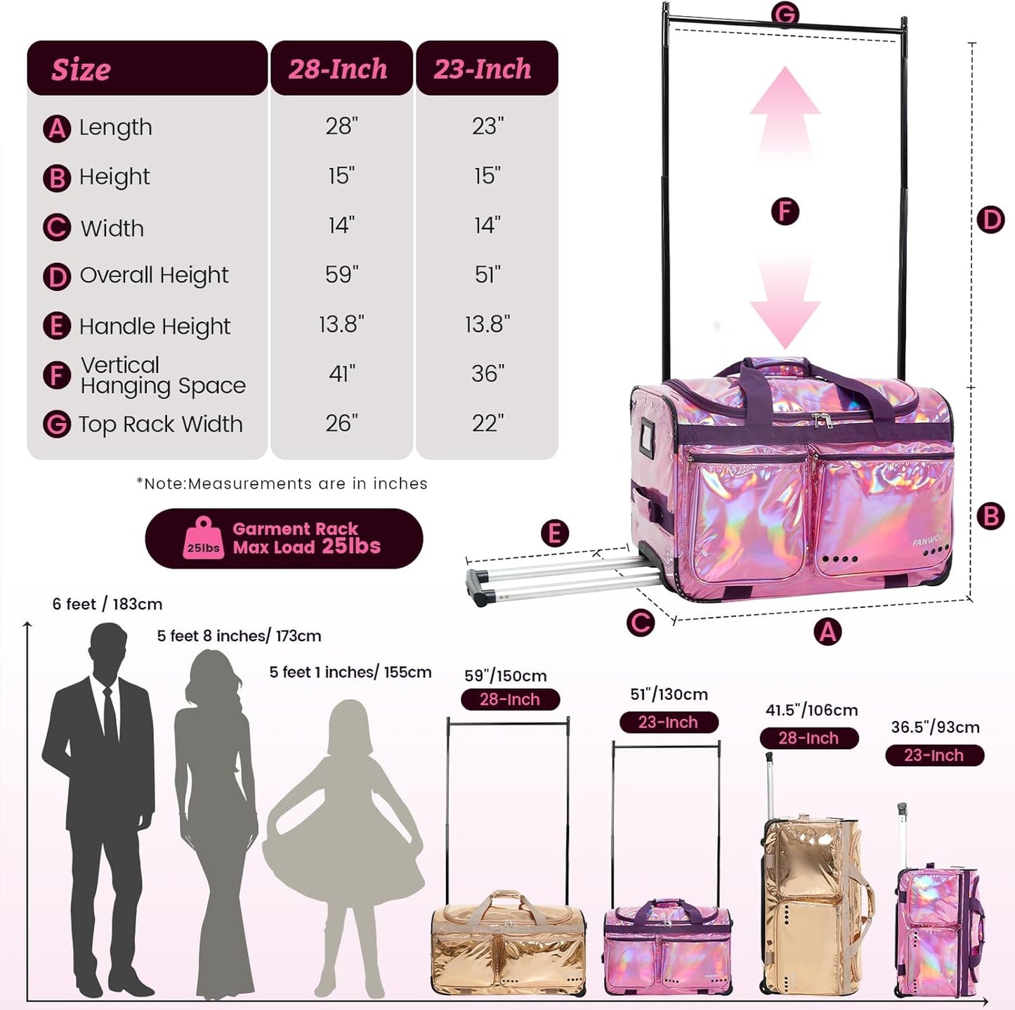 23' Dance Bag with Garment Rack, Prism-Glowing Collection Waterproof Iridescent Fabric