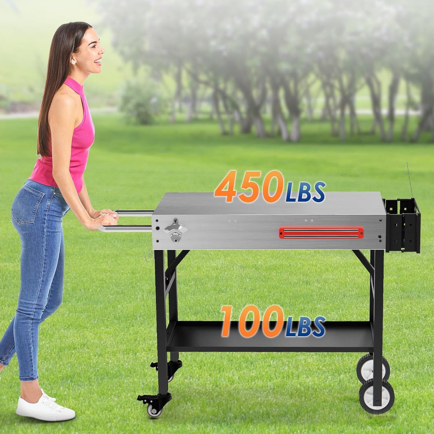 Stainless Steel Portable Outdoor Grill Table, 550 LBS Thicker Folding Grill Cart Pizza Oven Stand with Wheels, 31''W x 17''D Prep