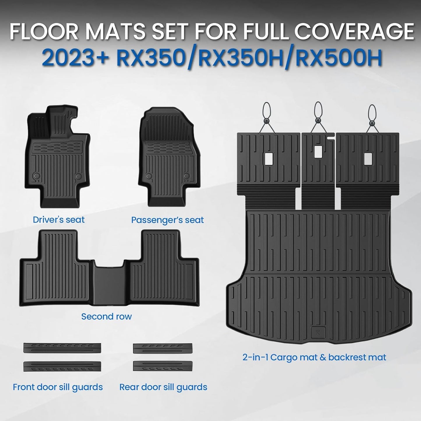 Floor Mats Set for Lexus RX350/RX350h/RX500h 2023 2024 2025 2026, All Weather TPE Floor Liners Backrest Mat Trunk Mat Cargo Liner Door Sill Guards Accessories for RX 350/350h/500h