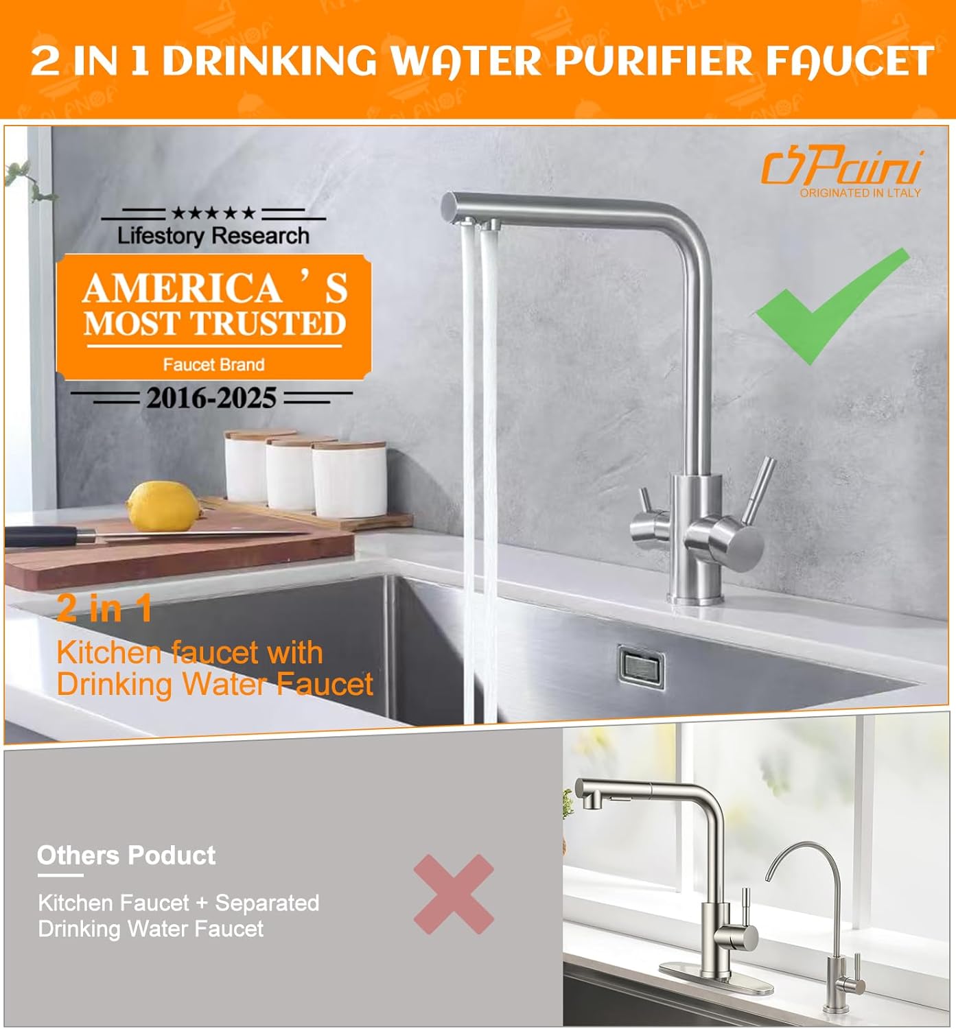 Drinking Water Faucet for Kitchen Sink, PAINI Kitchen Faucet and Water Filter Faucet Combo Brushed Nickel (Without Filtration Device)