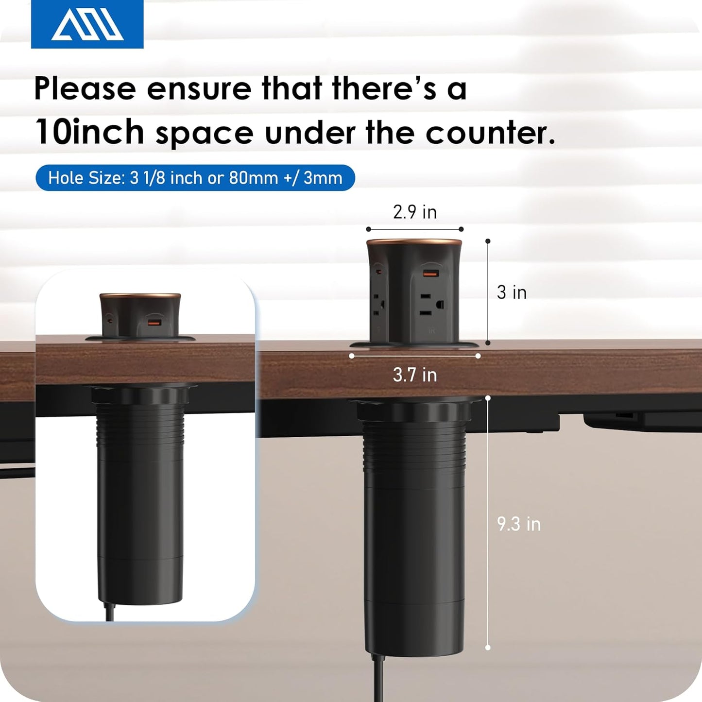 ANNQUAN Motorized Pop Up Countertop Receptacle with 15W Wireless Charger,Max 20W Power Delivery,3.15" Automatic Pop Up Electrical Outlet wi