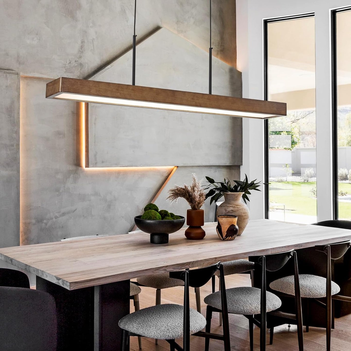 CmnVmn 39.3" Dimmable Wooden Linear Pendant Lighting Island Lights,LED48W Adjustable Color temperature6000K 4200K 3000K for Dining Room Bar