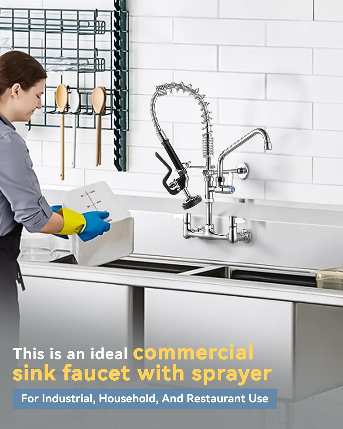 Commercial Kitchen Faucet Wall Mount: with Pre-Rinse Sprayer - ARCORA Industrial Restaurant 21" Height 8'' Center Compartment Sink Faucet
