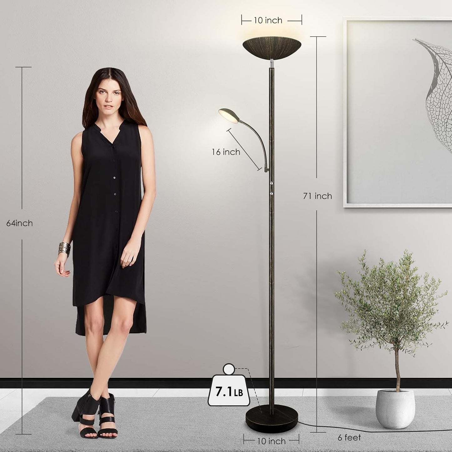 Floor Lamp, LED 20W/2000LM Bright Torchiere Floor Lamp with 5W Adjustable Reading Lamp, Stepless Dimmable Standing Lamp, 2 Rotary Switch, Modern