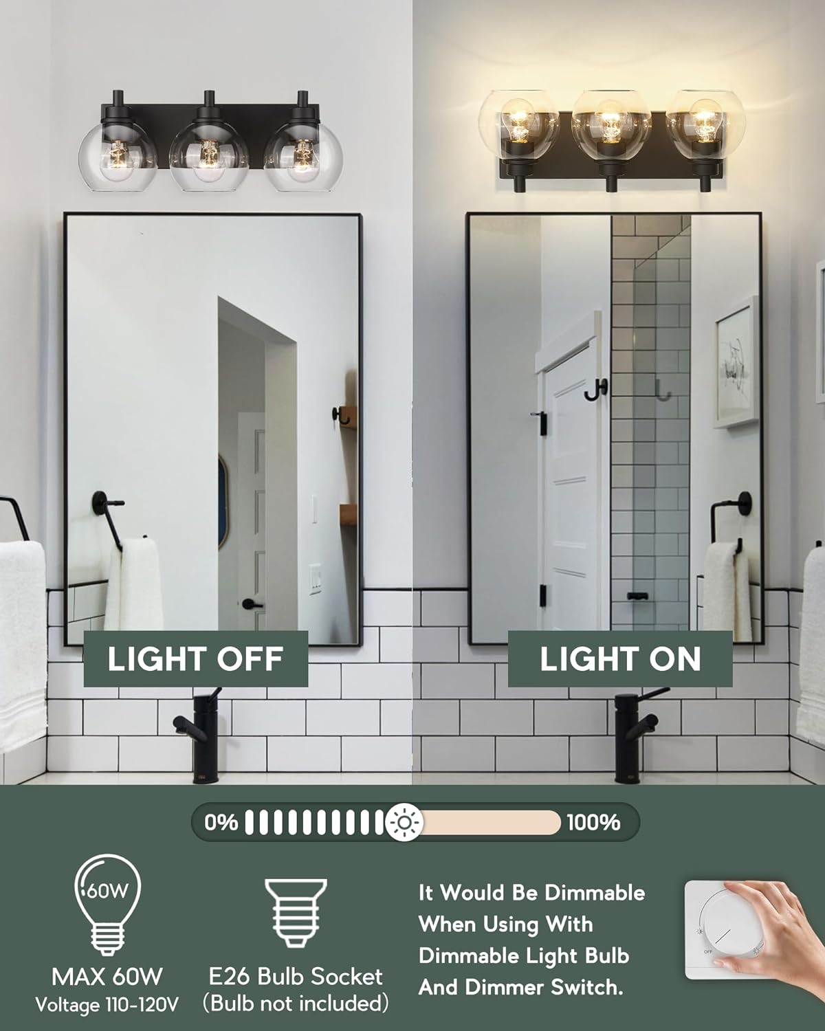 METWET Bathroom Light Fixtures, 3-Light Matte Black Vanity Light