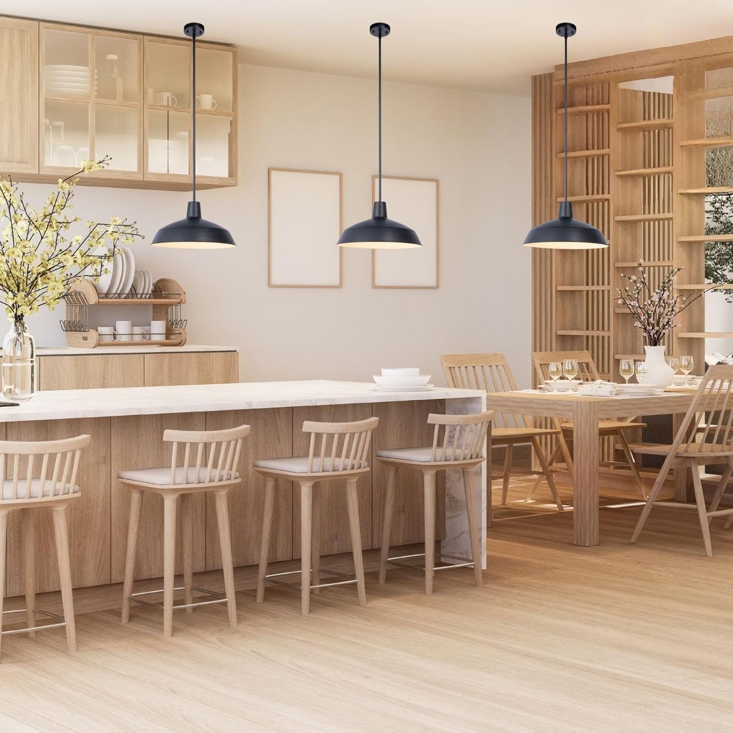 3 Pack Modern Black Kitchen Island Pendant Light 16 inches Metal Shade White inside Finish Gold Accent,Multiple Stems Rods Adjustable Hanging Height Ceiling Lamp E26 for Dining Room Hallway