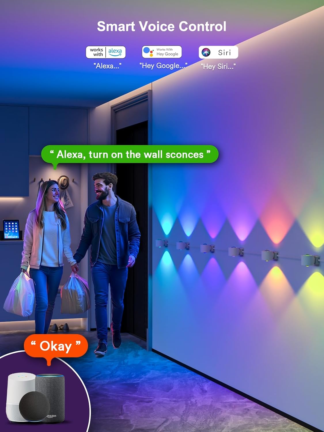 ANGELHALO Smart Wall Sconces, Music Sync Indoor Double-Headed Wall Lights, Works with Alexa, Multicolor LED Wall Light for Home Decor, Dynamic Scenes
