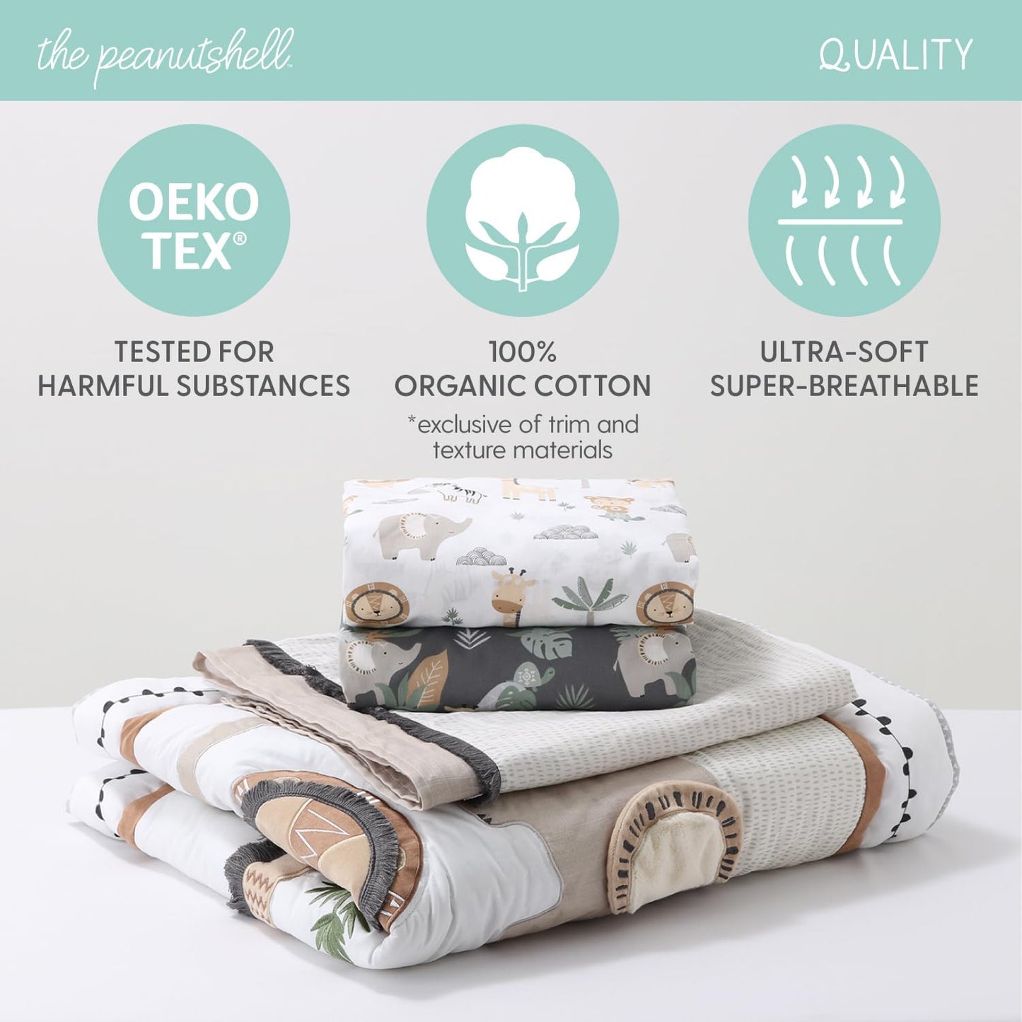 The Peanutshell Safari Crib Bedding Set for Boys or Girls, 4pc Organic Cotton Crib Comforter Set, Elephant Giraffe Monkey Zebra Nursery Decor,