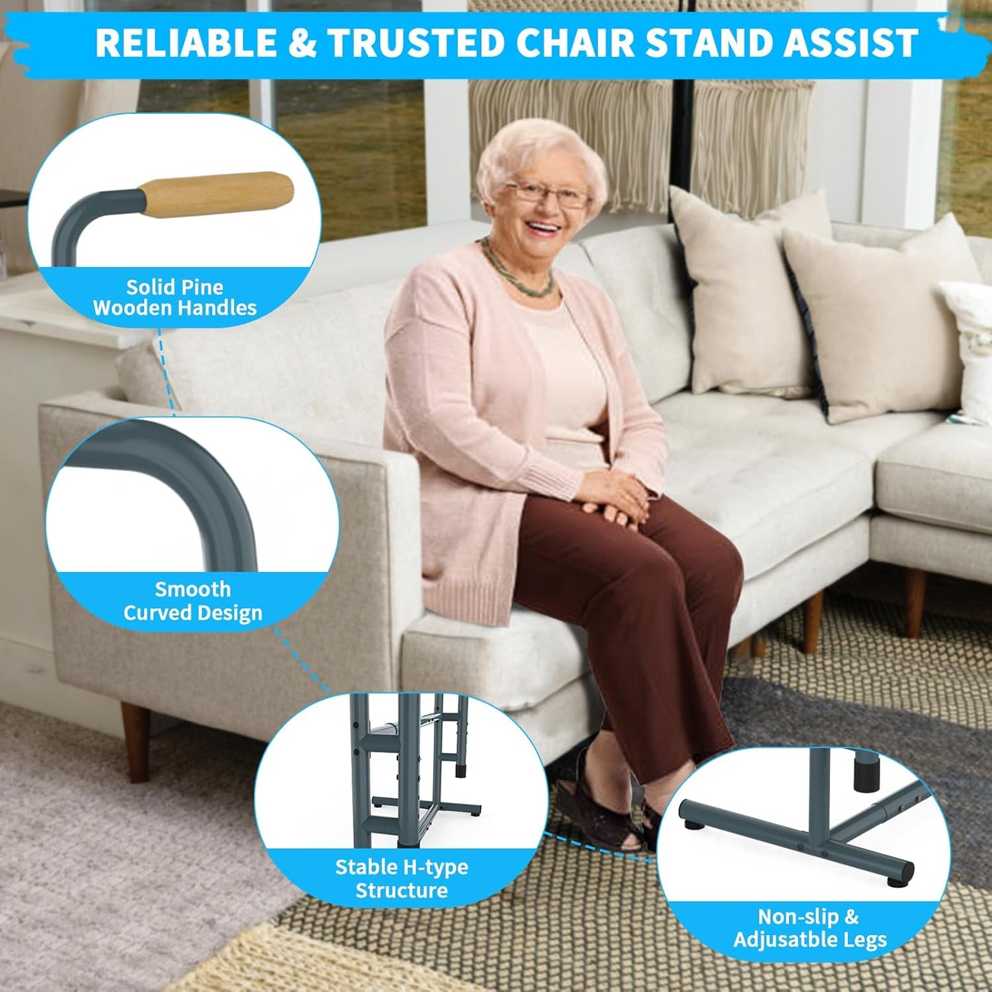 Adjustable Couch Chair Stand Assist for Seniors, Standing aid & Support Device with Wooden Handles, Chair Lift Assist Device for Elderly Mobility &