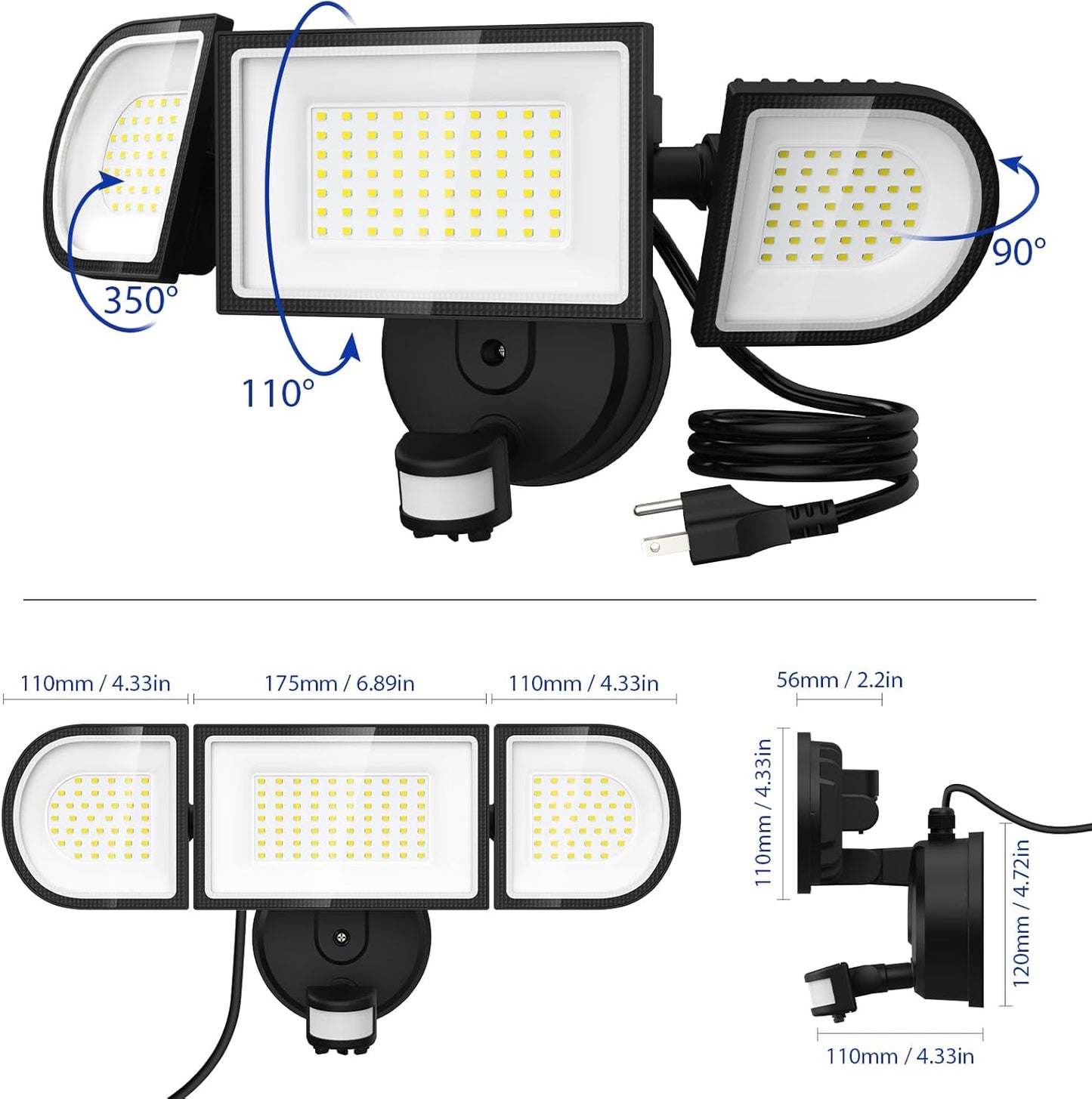 iMaihom 100W Motion Sensor LED Security Light with Plug, 9000LM Flood Lights Outdoor Plug in, 6500K Exterior Floodlight,