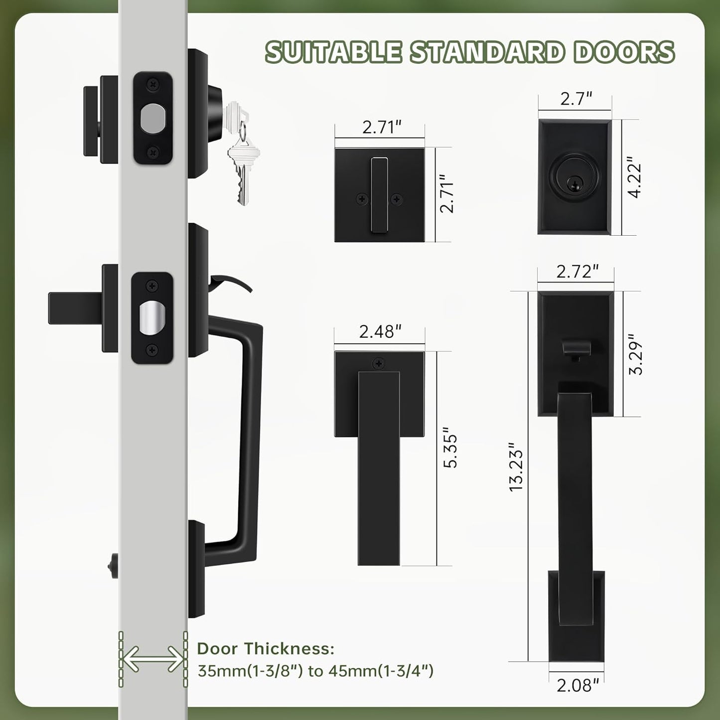 Double Front Door Lock Set, Matte Black Square Front Door Hardware Set, Heavy Duty Door Handle