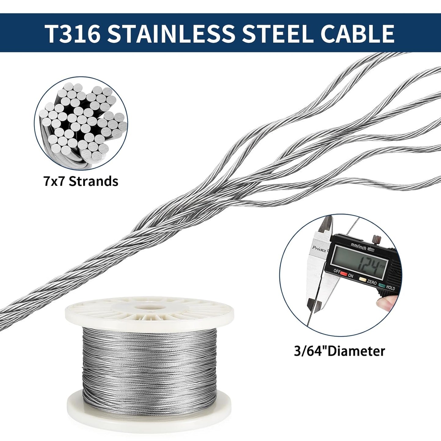 1000FT 3/64'' T316 Stainless Steel Cable, Marine Grade Decking Stairs Braided Steel Cable, 7 x 7 Strands Construction,Comes with Wire Cutter