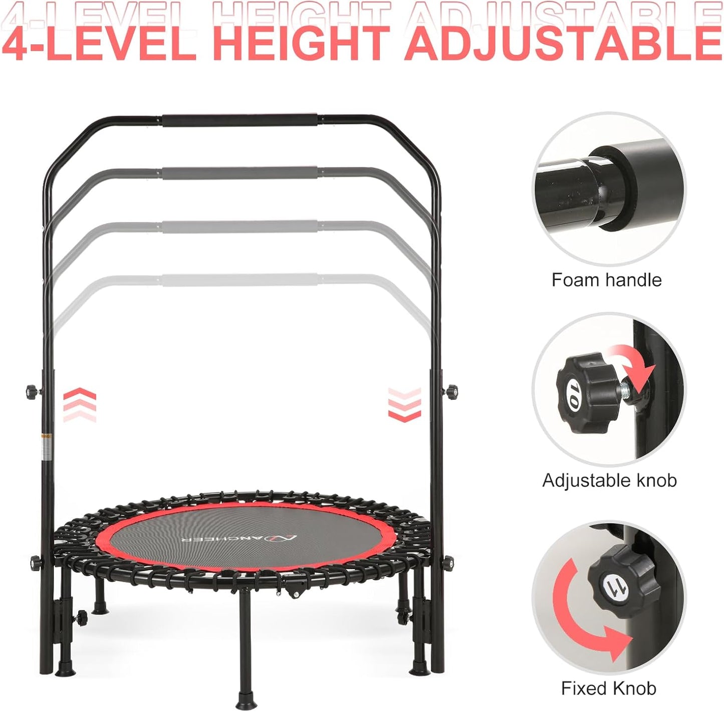 Trampoline Indoor, ANCHEER 450 lbs. Max Load Springless Mini Trampoline for Adults with 4 Level Adjustable Handle Bar 40