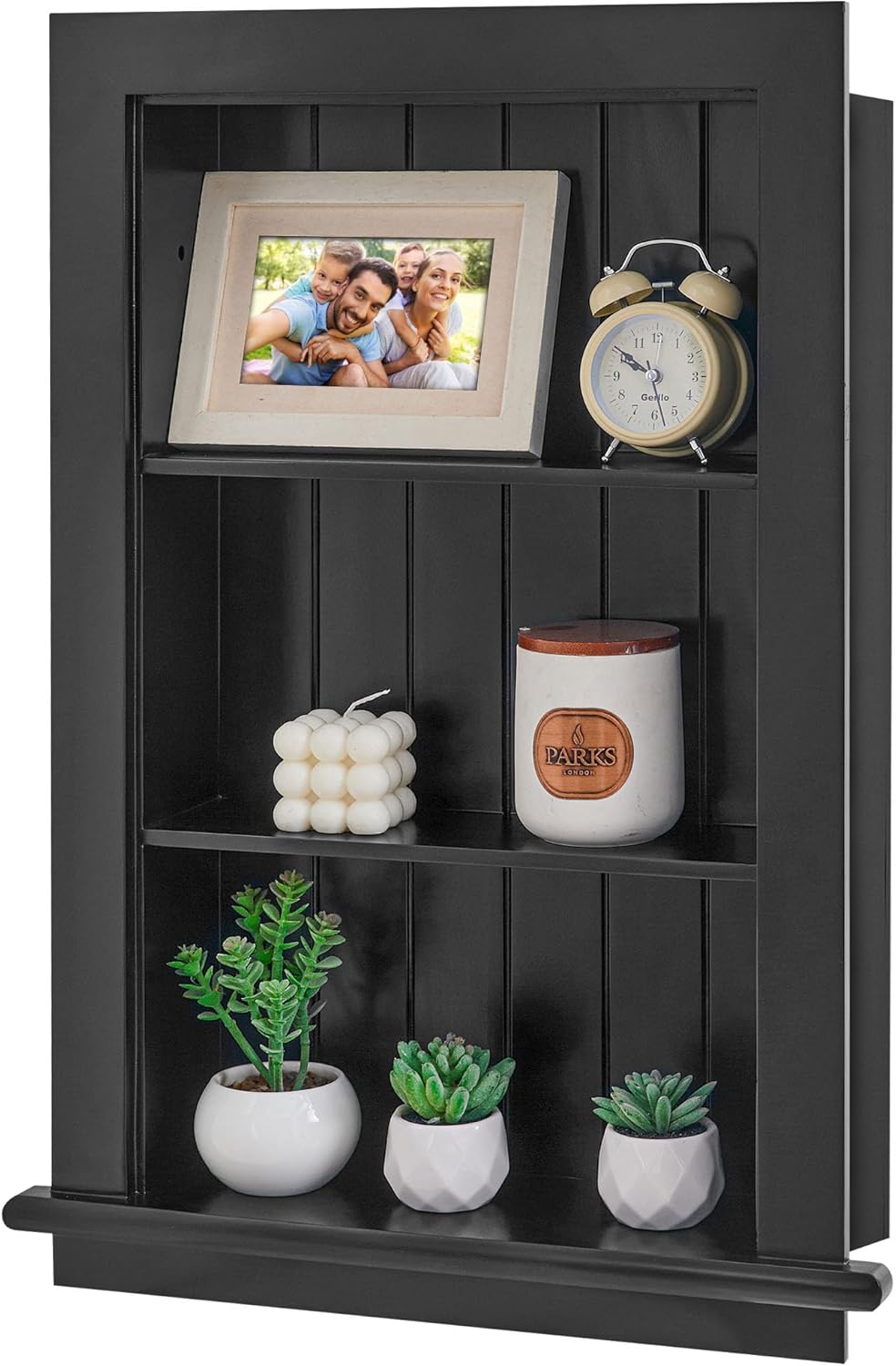 Recessed Medicine Cabinet, Wall Niche, In Shelves, Shelf Insert, 14"W x 24"H ID, 17"W x 27"H OD, 3 Tier, Black, Wood, Shallow Drywall