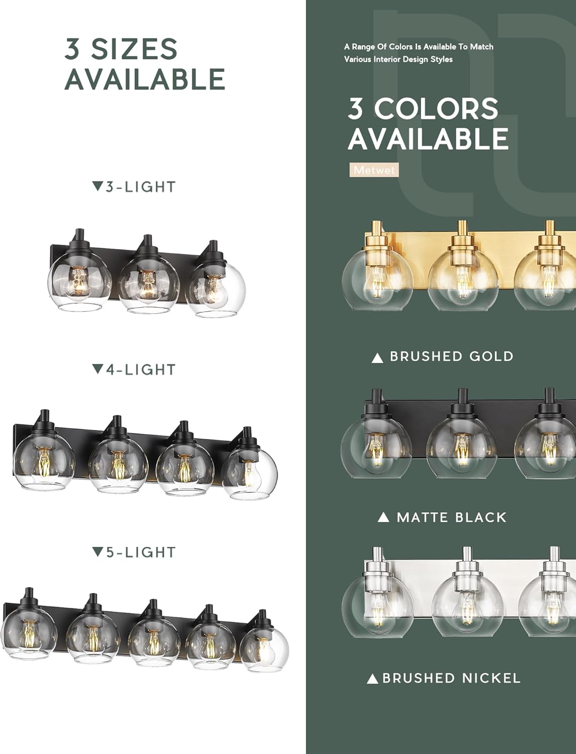 METWET Bathroom Light Fixtures, 3-Light Matte Black Vanity Light