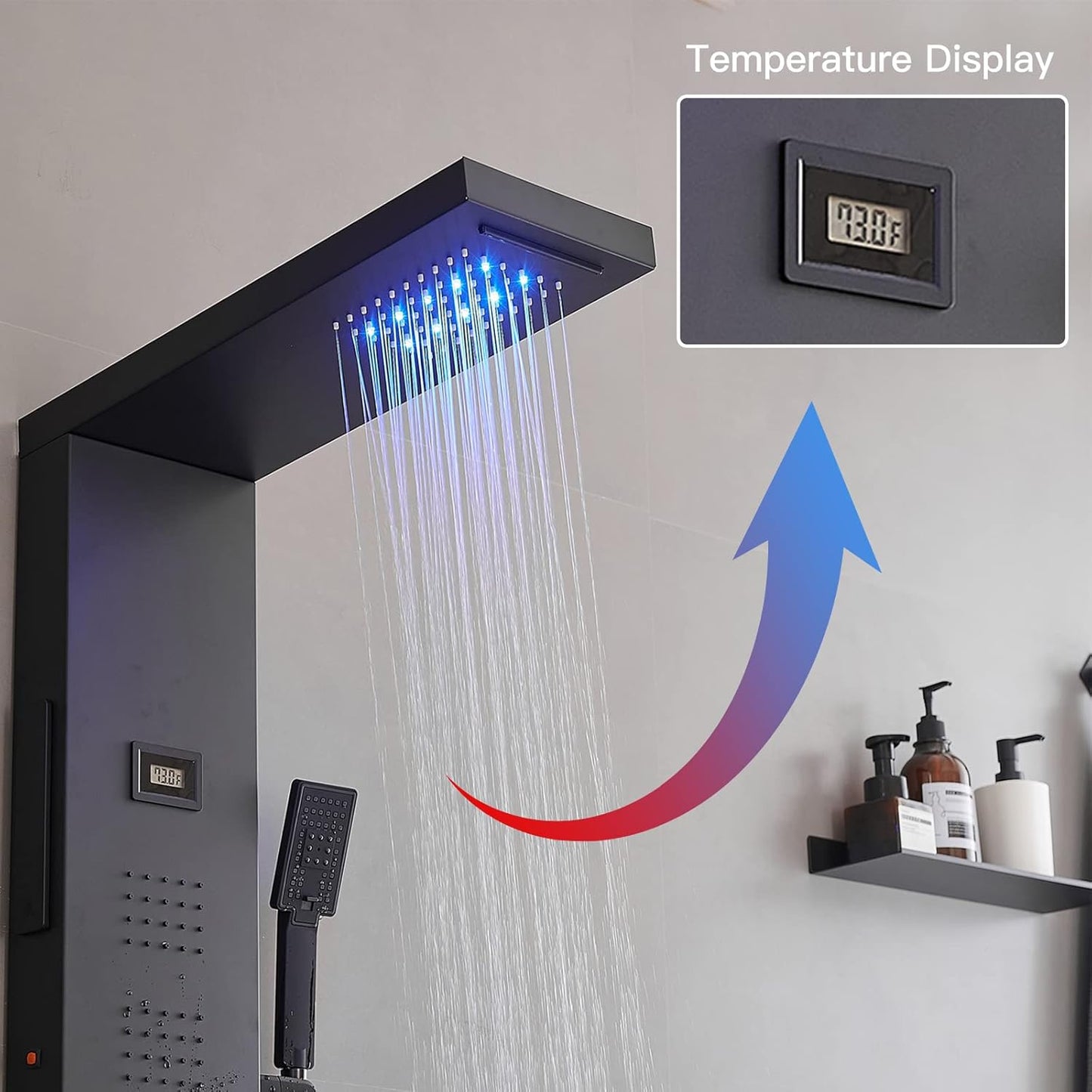 BWE LED Shower Panel Tower System Matte Black 5-Function Shower Column with Rainfall Waterfall Shower Head 4 Body Jets with Tub Spout Water