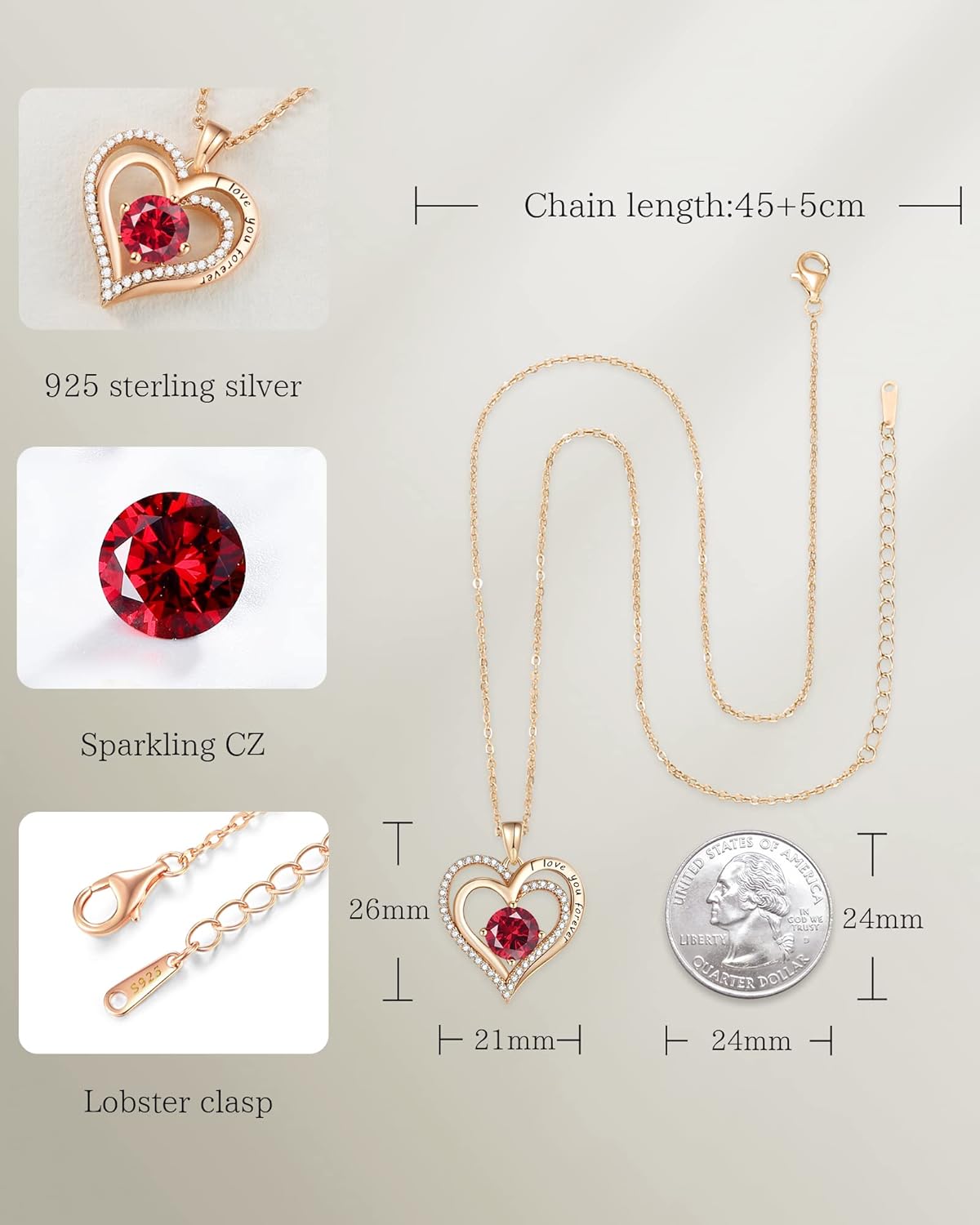 EKOT Rose Gold Necklaces for Women,S925 Sterling Silver Pendant Necklace for Her, Girlfriend Heart Necklace, Birthday Wedding Valentines Mothers Day