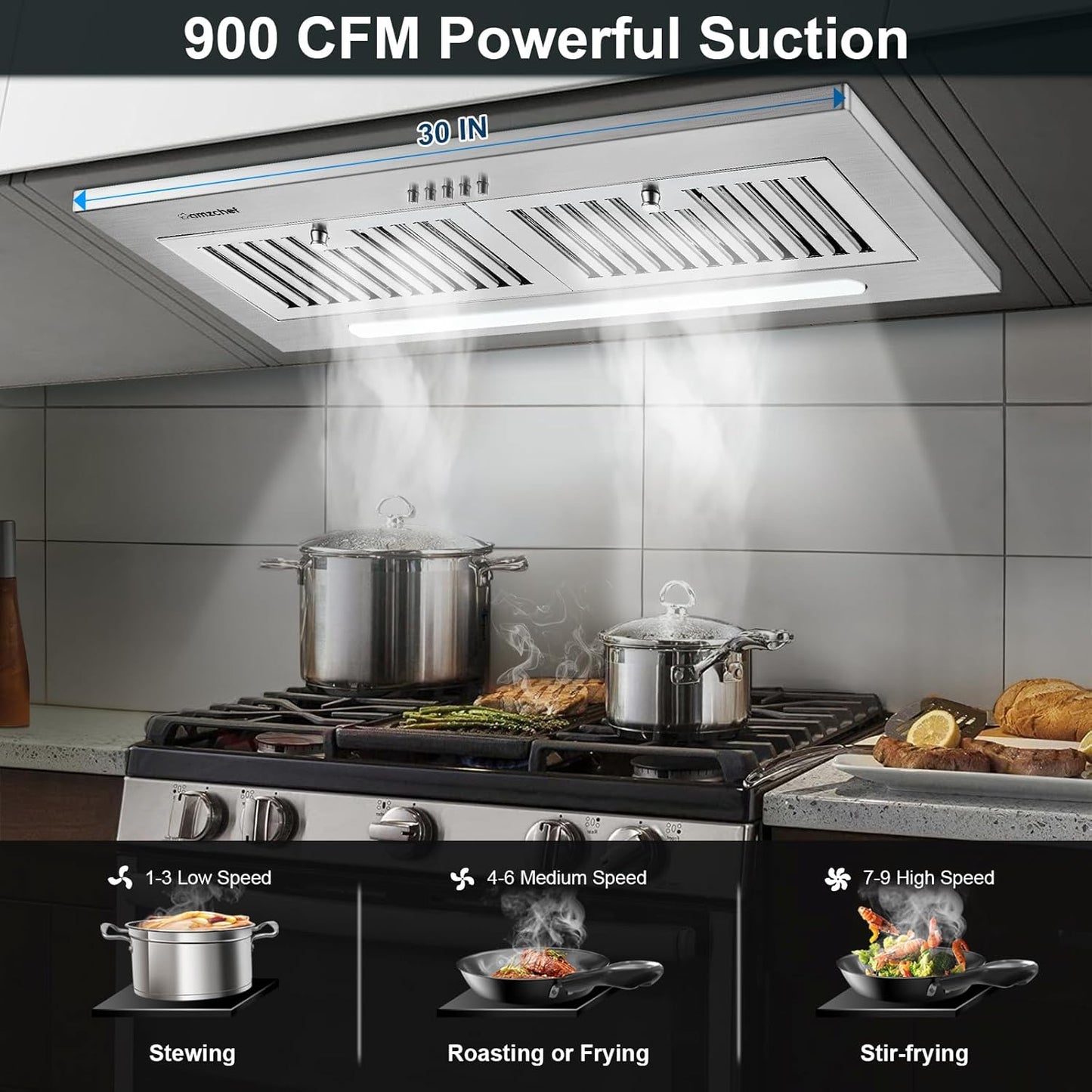 AMZCHEF Range Hood Insert 30 Inch, Stainless Steel Range Hood 900 CFM, Built-in Vent Hood with 3-Speed Exhaust Fan Button Control LED Light Strip