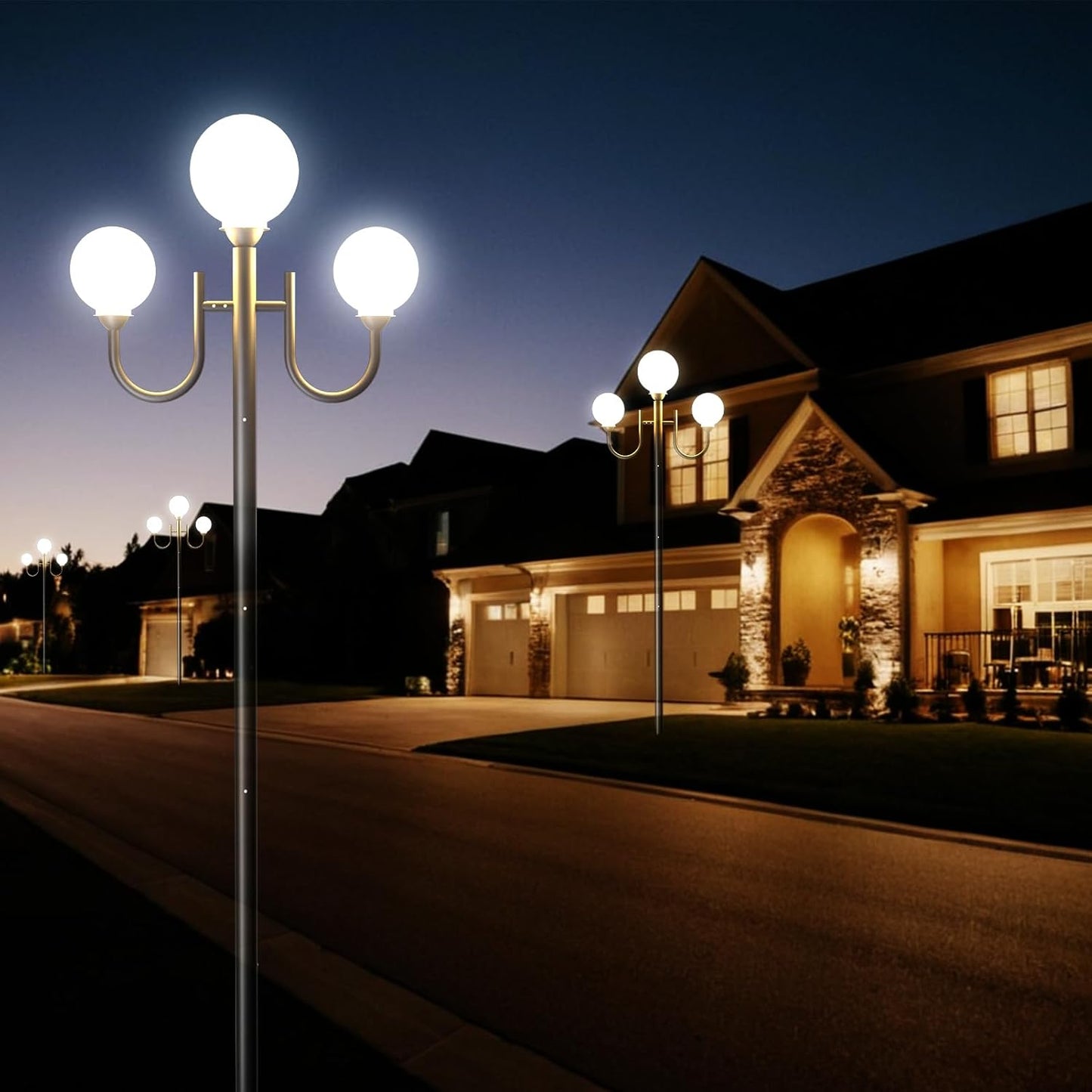 Black Aluminum Outdoor Lamp Post Light 3-Head with Globe Shades, Hardwired Waterproof Street Light Pole Light