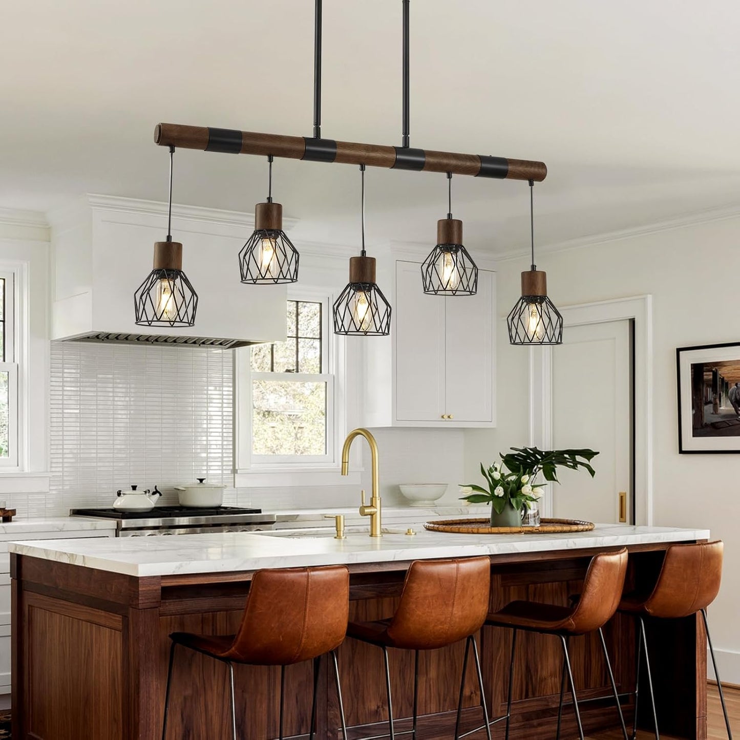 Dining Room Light Fixture Over Table, Farmhouse 5-Light Kitchen Island Lighting, Chandeliers for Dining Room, Matte Black Rustic Wood Ceiling Pendant