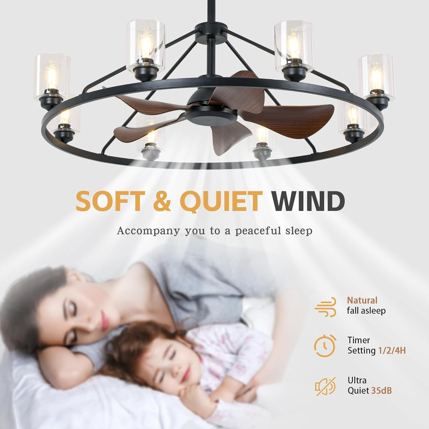 43' Black Wagon Wheel Chandelier Fan with Lights, 8-Lights Large Round Farmhouse Fandelier Light Fixture with Glass Shade, Rustic Industrial Ceiling