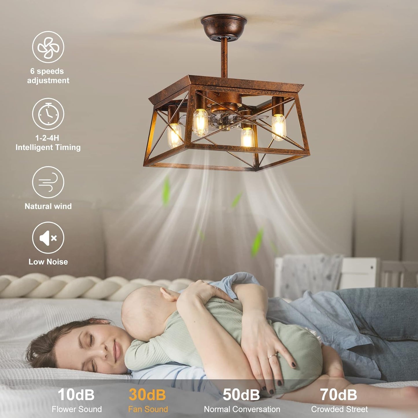 TRIBILLION Farmhouse Caged Ceiling Fan Light with Remote,Low Profile Ceiling Fan with Lights, Flush Mount Ceiling Light for Bedroom, Living Room