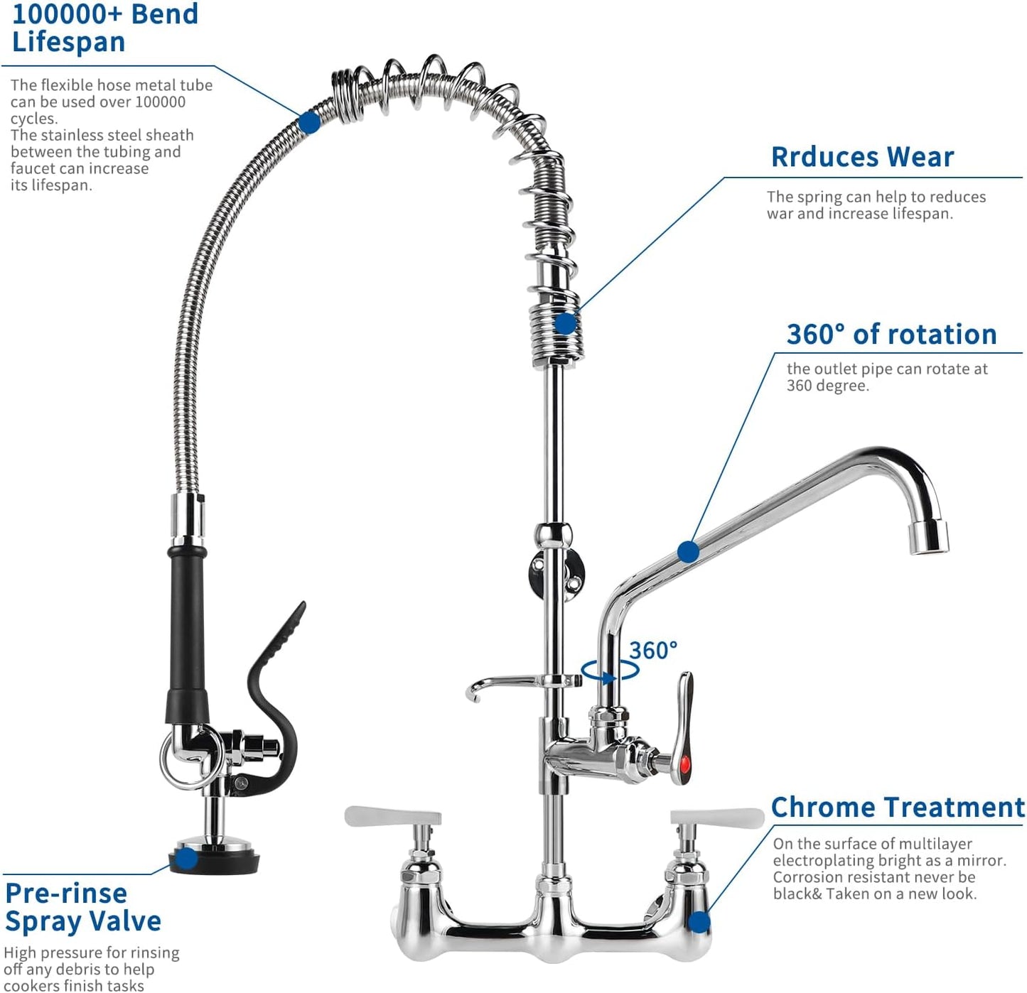 KWODE Commercial Kitchen Faucet with Pre Rinse Sprayer 8 Inch Center Wall Mount Sink Faucet 27' Height 12' Swivel Spout Pull Down Spray Faucet for
