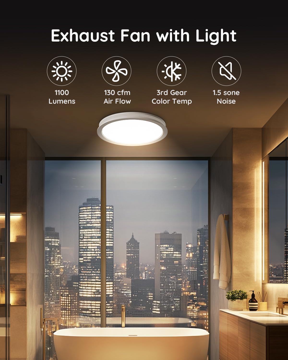 Bathroom Exhaust Fan with Light, Ceiling Mount, 130 CFM 1.5Sones, 43W Fan 1200LM LED Light