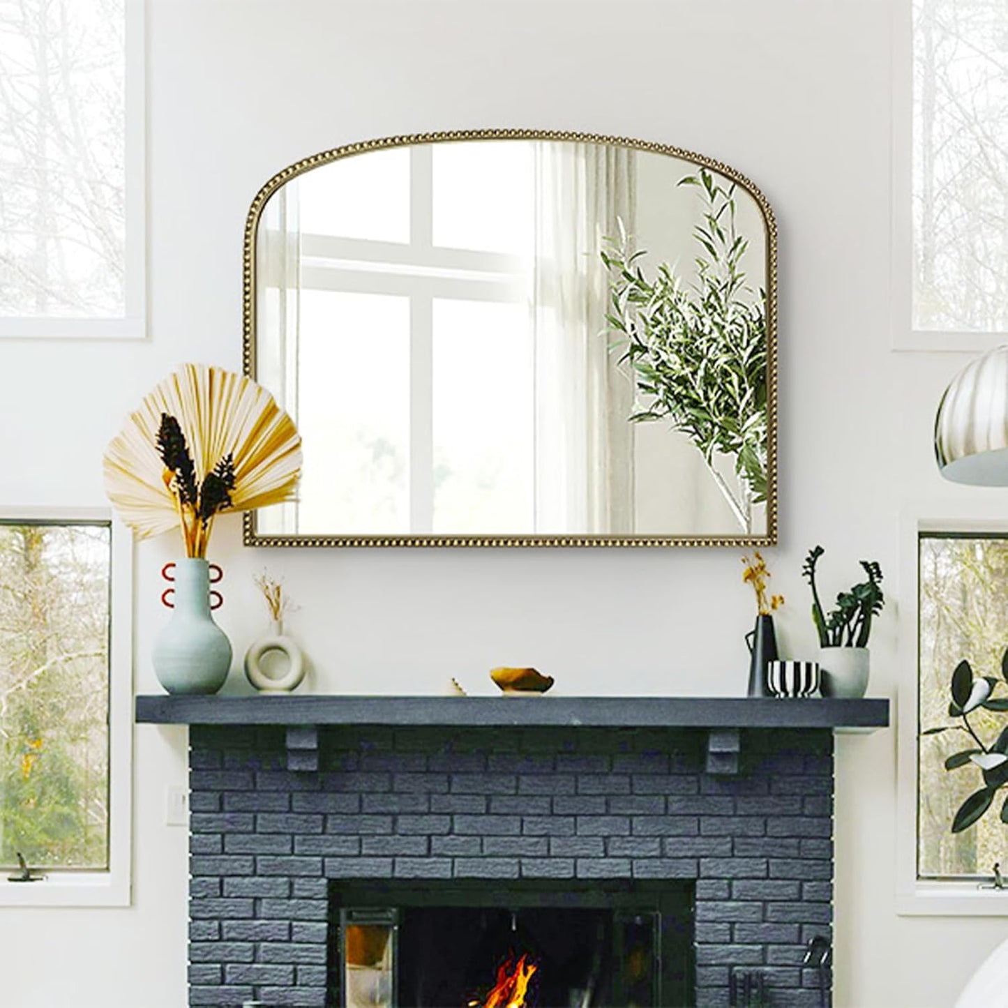 36'X28' Arched Mirror, Metal Beaded Frame Mirror for Wall