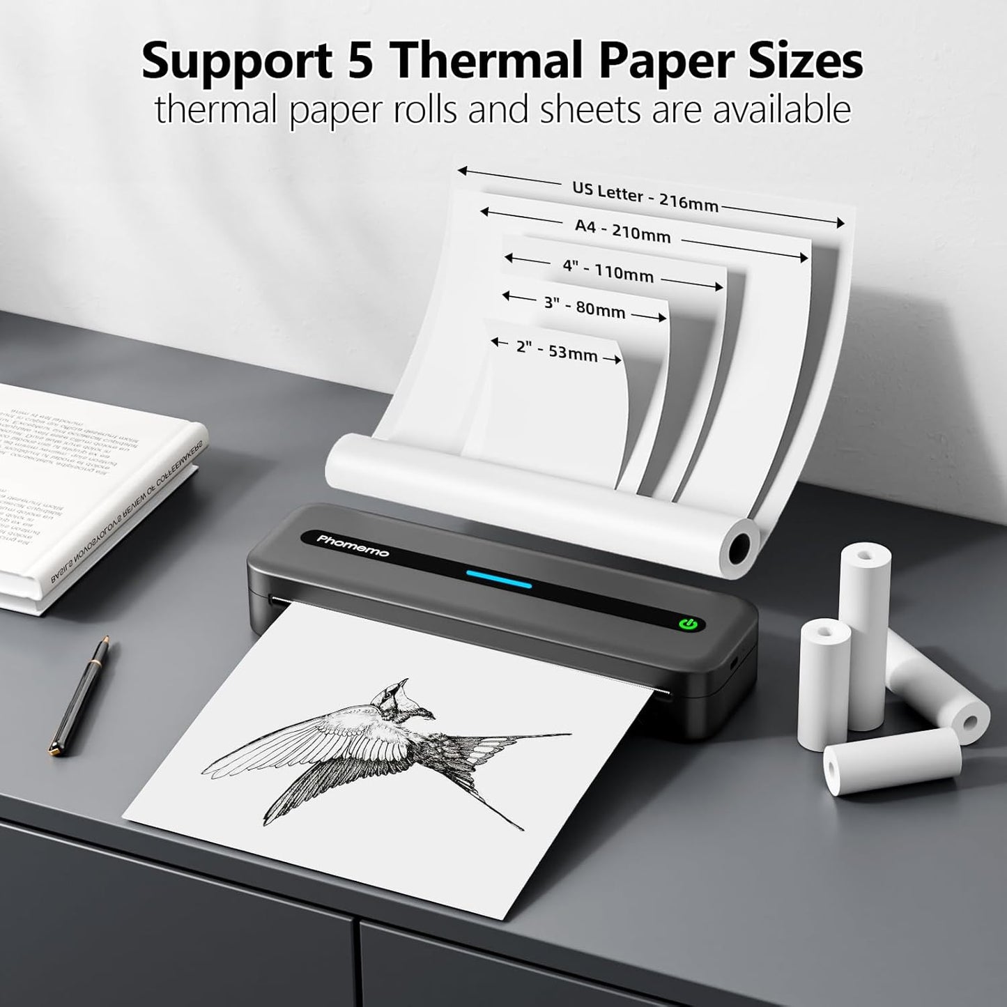 Portable Inkless Thermal Wireless (Bluetooth) Printer for Travel, M832 Support 8.5'' x 11'' Letter & A4 Paper