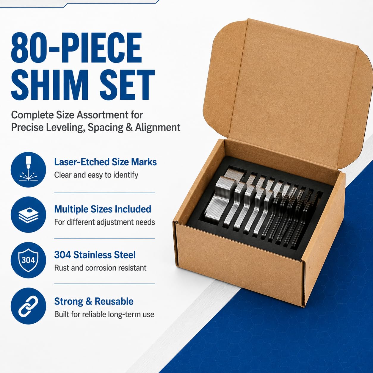 130 Pcs Size A 2" x 2" Stainless Steel Slotted Shims Kit, Stainless Steel Slotted Shim Shop Kit with 8 Thicknesses, for Precise Leveling and Calibration of Machine Tools Silver Size A 2" x 2" 130