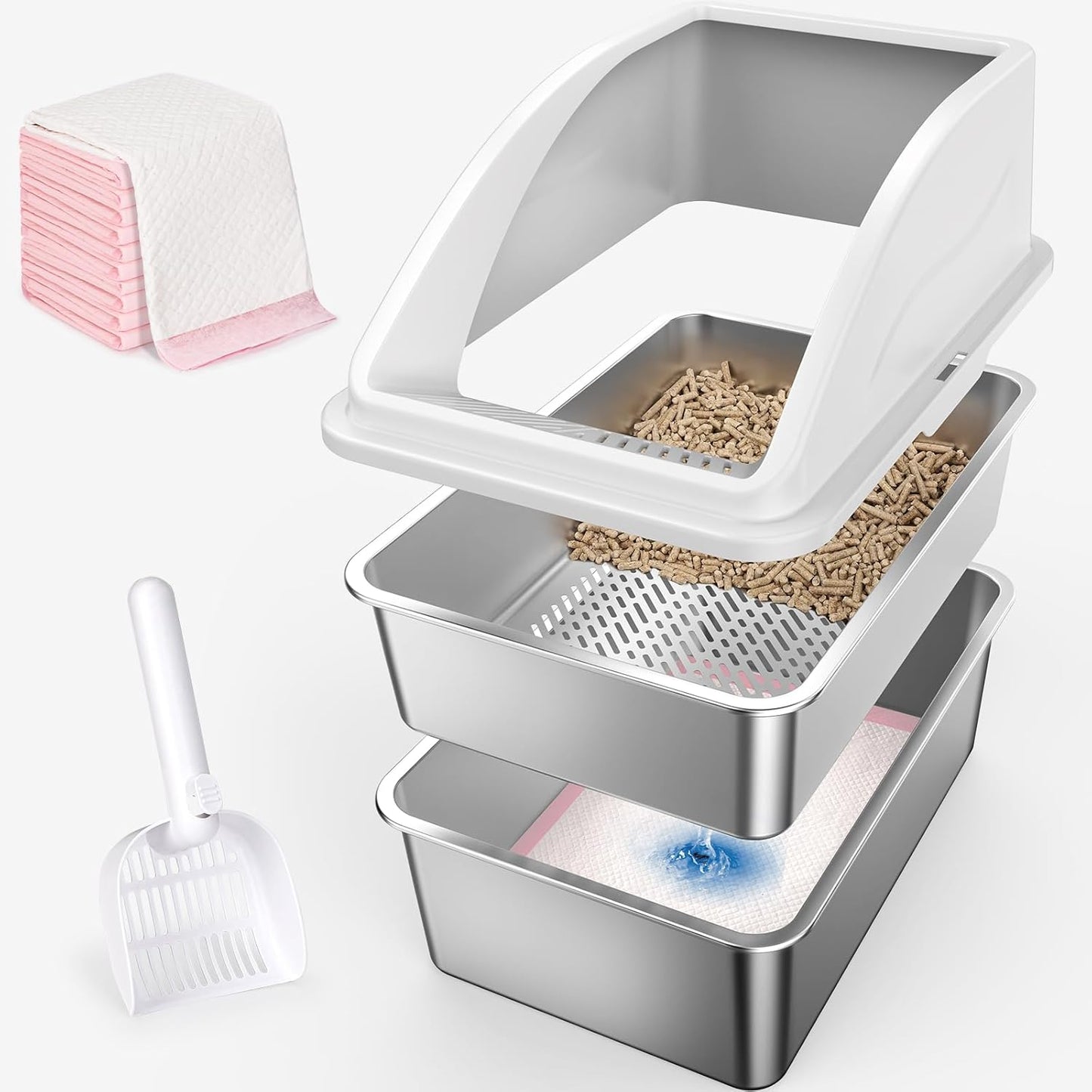 Stainless Steel Litter Box for Pine Pellet Cat Litter Non Clumping Litter System | XXL Sifting Cat Litter Box with Lid