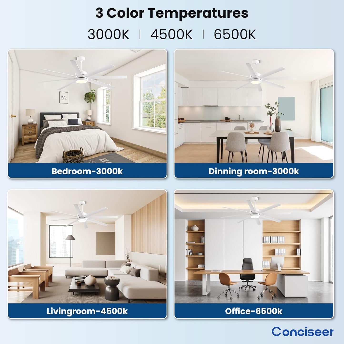 Modern Ceiling Fans with Lights, 65 Inch Ceiling Fans with Remote for Bedroom Living Room Kitchen, 8 Blades 6 Speed Reversible Quiet DC Motor White