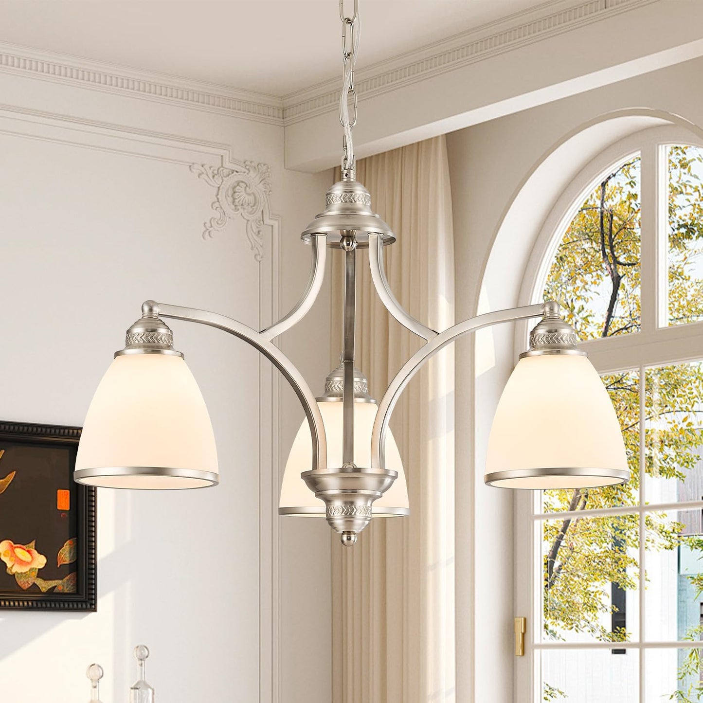 Brushed Nickel 3-Light Kitchen Island Light Fixture with Milk White Frosted Glass Shade for Dining Room Adjustable Height Silver Ceiling Hanging Light for Kitchen,Entry,Dining Table,Foyer silver-a small