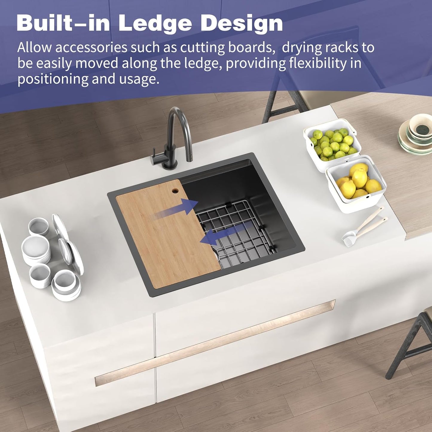 Black Kitchen Sink Workstation, 23'x19' Stainless Steel Undermount Single Bowl Kitchen Sink Built-in Ledge Drop
