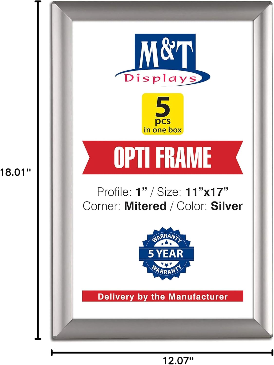 M&T Displays Opti Snap Poster Frame 11x17 Inch Silver 1" Aluminum Profile Front Loading Wall Mounting Photo Picture Document Certificate Sign Holder Mitered Corner Anti Glare Cover (5 pack)