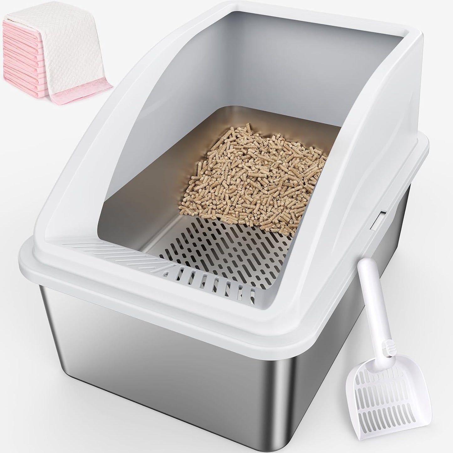 Stainless Steel Litter Box for Pine Pellet Cat Litter Non Clumping Litter System | XXL Sifting Cat Litter Box with Lid